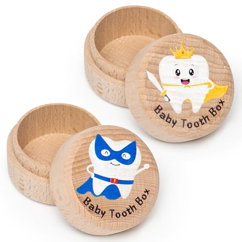 ANGOLIO 2 Stück Milchzahndose Personalisiert aus Holz, Bunte Zahnarztdose zum Unterlegen unter das Kopfkissen Milchzähne, Niedlich Container Halter für Geburtstag Aufbewahrung Geschenk (Jungen) von ANGOLIO