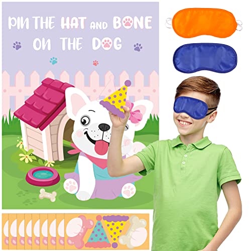 ANGOLIO Pin The Tail Game Party Supplies Pin The Hat and Bones on The Dog Poster für Kinder mit 2 Augenbinden und Aufklebern Pink Dog Party Poster Spiele für Partydekoration mit Hundemotto von ANGOLIO
