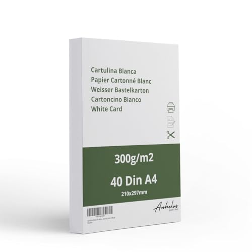 40 Kartonpapier A4 Weiß 300gr/m2 - Packung mit 40 Blatt 21x29,7cm Zeichenkarton - Dickes papier a4 zum drucken - Bastelkarton zum Ausschneiden, Malen, Zeichnen und Bedrucken 40 Kartonpapier A4 Weiß 300gr/m2 - Packung mit 40 Blatt 21x29,7cm Zeichenkarton - Dickes papier a4 zum drucken - Bastelkarton zum Ausschneiden, Malen, Zeichnen und Bedrucken von ANHELUS PAPER & DECO
