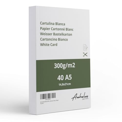 40 Kartonpapier A5 Weiß 300gr/m2 - Packung mit 40 Blatt 21x14,8cm Zeichenkarton - Dickes papier a5 zum drucken - Bastelkarton zum Ausschneiden, Malen, Zeichnen und Bedrucken 40 Kartonpapier A5 Weiß 300gr/m2 - Packung mit 40 Blatt 21x14,8cm Zeichenkarton - Dickes papier a5 zum drucken - Bastelkarton zum Ausschneiden, Malen, Zeichnen und Bedrucken von ANHELUS PAPER & DECO