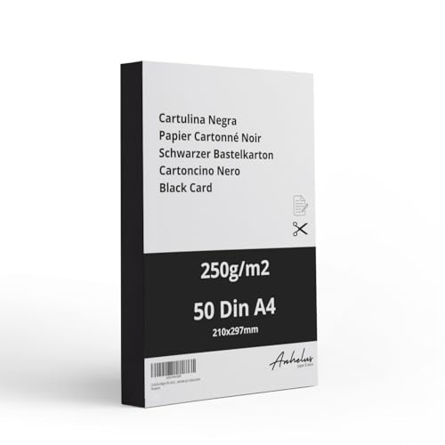 50 Blatt Fotokarton A4 Schwarzer 250gr/m2 - Tonkarton Schwarz A4 - Packung mit 50 Blätter 21x29,7cm - Bastelkarton - Kartonpapier von ANHELUS PAPER & DECO