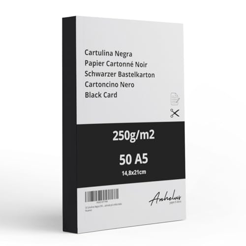 50 Blatt Fotokarton A5 Schwarz 250gr/m2 - Tonkarton Schwarz A5 - Packung mit 50 Blätter 14,8x21cm - Bastelkarton - Postkarten, Geschenkkarten, Einladungen, Handarbeiten, Kunsthandwerk 50 Blatt Fotokarton A5 Schwarz 250gr/m2 - Tonkarton Schwarz A5 - Packung mit 50 Blätter 14,8x21cm - Bastelkarton - Postkarten, Geschenkkarten, Einladungen, Handarbeiten, Kunsthandwerk von ANHELUS PAPER & DECO