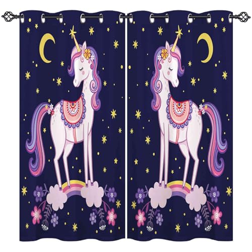 ANHOPE Einhorn Regenbogen Mond Stern Gardinen Blickdichte mit Ösen Kinder Mädchen Thermo Vorhänge Blackout Curtain Vorhang Wohnzimmer Schlafzimmer Verdunklungsvorhänge 2er Set H 175 x B 140 cm von ANHOPE
