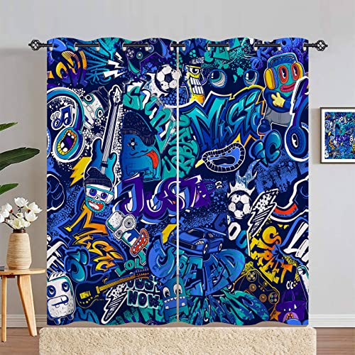 ANHOPE Graffiti Fußball Auto Gamepad Vorhänge mit Ösen Kinder Jungen Mädchen Gardinen Blickdichte Thermo Vorhang Blackout Curtain Schlafzimmer Wohnzimmer Verdunklungsvorhänge 2er Set H 183 x B 117 cm von ANHOPE