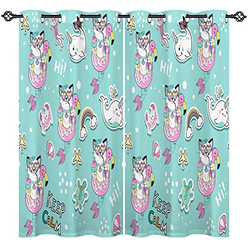 ANHOPE Katze Meerjungfrau Einhorn Wal Verdunklungsvorhänge mit Ösen Blickdichte Gardinen Thermo Vorhänge Blackout Curtain Kinder Mädchen Wohnzimmer Schlafzimmer Vorhang 2er Set H 138 x B 117 cm von ANHOPE