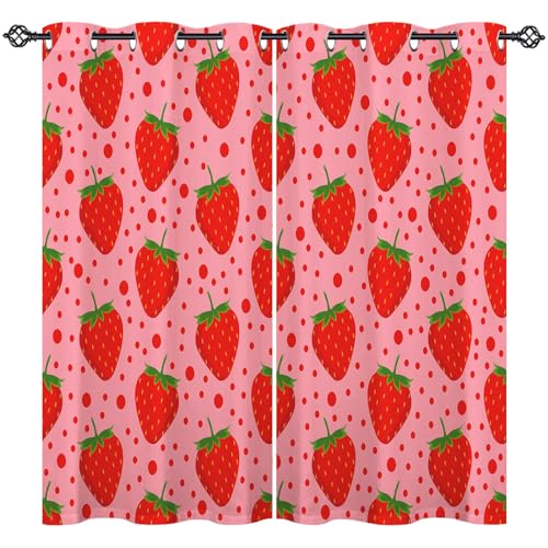 ANHOPE Kawaii Rosa Obst Erdbeer Vorhänge mit Ösen Kinder Mädchen Gardinen Blickdichte Thermo Vorhang Blackout Curtain Schlafzimmer Wohnzimmer Verdunklungsvorhänge 2er Set H 138 x B 107 cm von ANHOPE