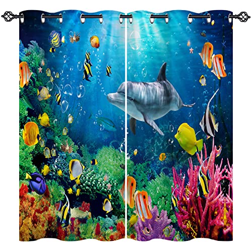 ANHOPE Ozean Fisch Delphin Koralle Gardinen Blickdichte mit Ösen Kinder Jungen Mädchen Thermo Vorhänge Blackout Curtain Vorhang Wohnzimmer Schlafzimmer Verdunklungsvorhänge 2er Set H 138 x B 117 cm von ANHOPE