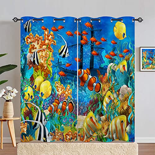 ANHOPE Ozean Tropisch Fisch Koralle Blickdichte Gardinen mit Ösen Thermo Vorhänge Kinder Jungen Mädchen Vorhang Blackout Curtain Wohnzimmer Schlafzimmer Verdunklungsvorhänge 2er Set H 229 x B 117 cm von ANHOPE