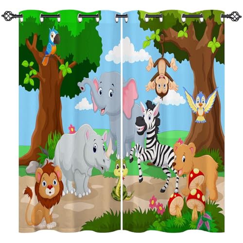 ANHOPE Safari Tier Elefant Löwe Bär Vorhänge mit Ösen Blickdichte Gardinen Blackout Curtain Thermo Vorhang Kinder Jungen Mädchen Schlafzimmer Wohnzimmer Verdunklungsvorhänge 2er Set H 160 x B 117 cm von ANHOPE