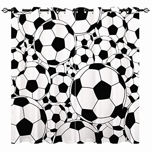 YUANZU Jungen Vorhänge – Kinder weiß/Schwarze Bälle Sport Fußball Druck Muster Ösen Wärmeisoliert & Raumverdunkelung Fenstervorhänge für Kinderzimmer Baby Schlafzimmer 2 Stück, B 117 cm x T 183 cm von ANHOPE