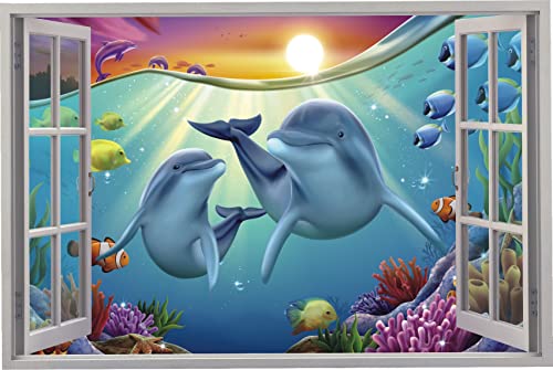 ANHUIB 3D-Delfin-Wandaufkleber für Wohnzimmer, 3D-Ozeanfisch, Wandsticker für Schlafzimmer, Meerestiere, Wandaufkleber, Wal, tropische Fische, Sealife, Heimdekoration, 63x42 cm von ANHUIB