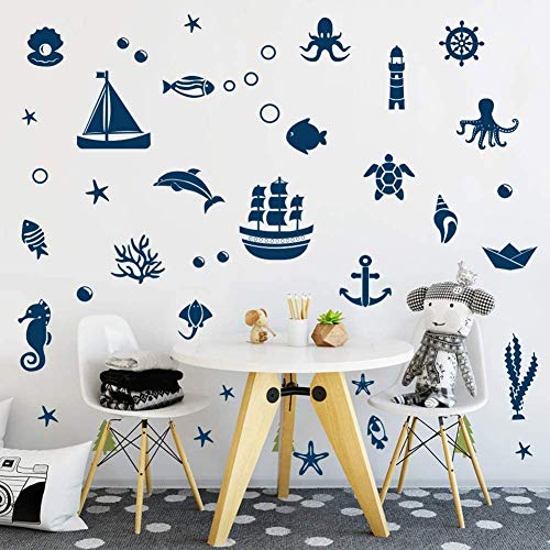 ANHUIB 40Pcs Badezimmer Wandsticker I Wandtattoo für Kinderzimmer I Wandsticker Unterwasserwelt I Cartoon Fische Segelboot Sticker I Tiere Wandtattoo für Jungs Schlafzimmer Babyzimmer Fliesen Deko von ANHUIB