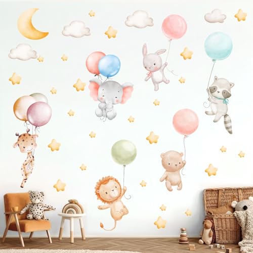 ANHUIB Wandaufkleber Kinderzimmer Tiere Tier ballon Wandtattoo Tier Wandsticker Aquarell Wandsticker Babyzimmer Sterne Wolken Elefant Löwe Hase Wandaufkleber für Junge Mädchen Schlafzimmer Wanddeko von ANHUIB
