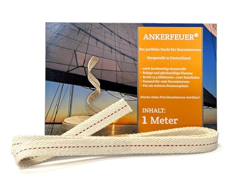 ANKERFEUER® 1 Meter Docht 100% Baumwolle roter Kennfaden 12,5 mm breit + kompatibel mit Feuerhand Sturmlaterne 276 275 und Anderen Petroleum Laterne, zuschneidbar, sicher, ruhige Flamme von ANKERFEUER