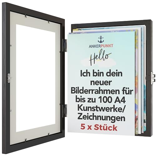 ANKERPUNKT Bilderrahmen Kinderzeichnungen A4 für bis zu 100 gemalte Bilder Zeichnungen - Kinder Kunstrahmen Frontöffnung aus Holz schwarz - Geschenke für Mama, Papa, Oma, Opa 5er Set von ANKERPUNKT