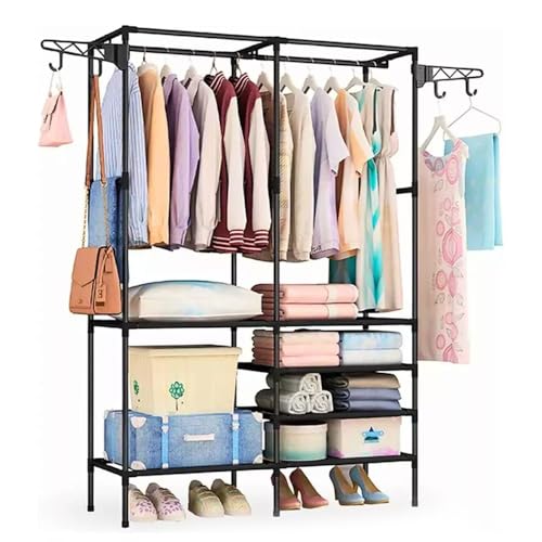 Double Rod Clothing Rack Heavy Duty Stahl Kleidungsständer mit 6 Lagerregalen Raumsparende Kleidung Organizer für Schlafzimmer Eingangsschrank Black 105x37x173cm von ANKROYU