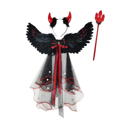 Halloween-Kostüm-Set, Teufelsengel, Cosplay-Requisite, Federflügel, Netzstoff, Schleife, Zubehör für Halloween-Party, Cosplay-Event, Schwarz, Mehrfarbig, 56 x 35 cm (Schwarz) von ANKROYU