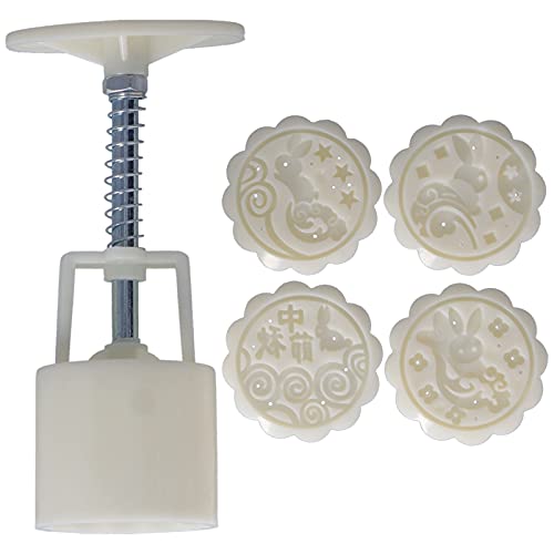 Handpress Mooncake Form Kekse Schimmel Backwerkzeug 4 runde Briefmarken Lebensmittelqualität ABS Material BPA e verstellbare Höhe für Küchen Backdessert DIY -Handwerk 50g (Kaninchen) von ANKROYU