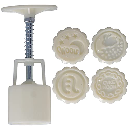 Handpress Mooncake Form Kekse Schimmel Backwerkzeug 4 runde Briefmarken Lebensmittelqualität ABS Material BPA e verstellbare Höhe für Küchen Backdessert DIY -Handwerk 50g (Zum Mond rennen) von ANKROYU