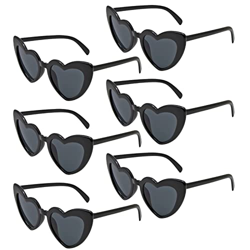 ANLIOTO 6 Stück Herz Sonnenbrille für Damen, Vintage Herzform Brille 90er Jahre Hippie Brille Kostümzubehör für Urlaub, Party, Hochzeit, Karneval, Halloween, Weihnachten (Schwarz) von ANLIOTO