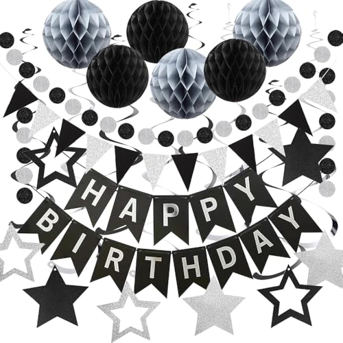 Anllecr Schwarz Silber Geburtstag Dekorationen, Männer Happy Birthday Banner mit Wabenball, Stern Hängender Wirbel Streamer Kreis Punkt Girlande Dekorationen - Geburtstag Party Dekorationen für Männer Anllecr Schwarz Silber Geburtstag Dekorationen, Männer Happy Birthday Banner mit Wabenball, Stern Hängender Wirbel Streamer Kreis Punkt Girlande Dekorationen - Geburtstag Party Dekorationen für Männer von ANLLECR