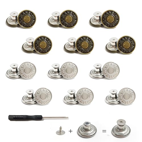 12 Stück Ersatz Knöpfe, Jeans Knöpfe Ohne Nähen 17 mm Button verstellbare Jeansknöpfe mit Schraubendreher, Abnehmbare Hosen Knopfe für Jeans Kleidung Taschen(Silber+Bronze) von ANMOYIXIA