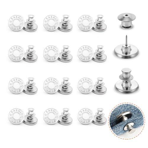 12 Stück Jeans Knöpfe Ohne Nähen, Knöpfe für Jeans, Hosenbund Enger Machen Knopf für Ersatz zum Erweitern oder Reduzieren der Hosengröße Jeansknöpfe 17mm (Silber) von ANMOYIXIA