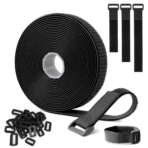 Klettband 5m x 2cm Klettband mit 25 Schnalle Klettverschluss Verstellbar Kabelbinder, Zuschneidbar und Wiederverwendbar für Kabel Seile Schläuche Extra Stark Klettkabelbinder (5m x 2cm(Schwarz)) von ANMOYIXIA