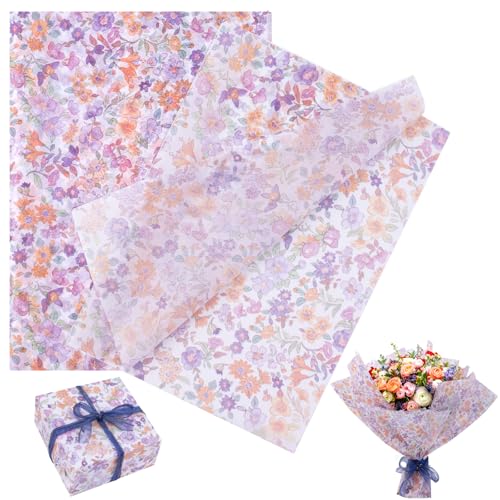 ANNASAMDO 100 Blatt Seidenpapier Geschenkpapier Verpackungsmaterial, 50x35cm Blumen Muster Seidenpapier Packpapier für Geburtstag, Weihnachten, Geschenk Blumen, Basteln Dekoration (Lila) von ANNASAMDO