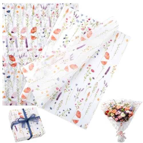 ANNASAMDO 100 Blatt Seidenpapier Geschenkpapier Verpackungsmaterial, 50x35cm Blumen Muster Seidenpapier Packpapier für Geburtstag, Weihnachten, Geschenk Blumen, Basteln Dekoration (Weiß) von ANNASAMDO