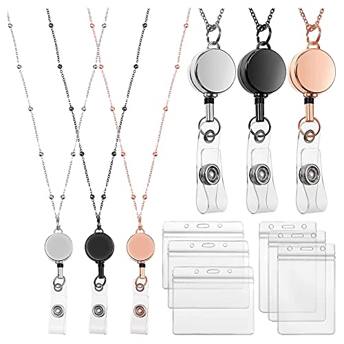 ANNJUC Einziehbares Abzeichen Scrollen Lanyard mit ID Karten Halter, 3 StüCk Perlen Abzeichen Lanyard Hals Kette mit 6 Visiten Karten Haltern A von ANNJUC