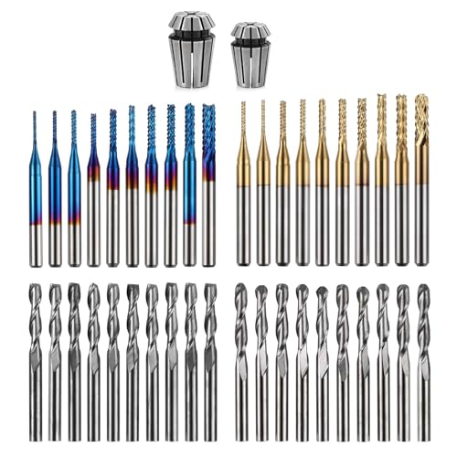 ANNOYTOOLS 40/pcs Schaftfräser-CNC-Fräser-Bit-Set mit ER11, ER16 Spannzange, 1/8-Zoll-Schaft, CNC-Schnitz-Bit-Set, einschließlich 2-schneidigen Flachfräs- und Kugelfräsern, Nano-Blau- und Titan von ANNOY TOOLS