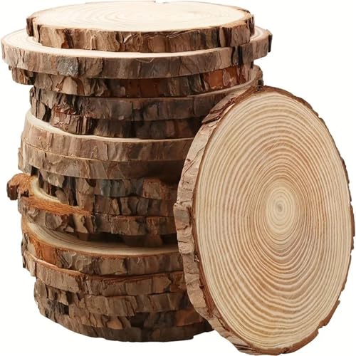 20 Stück unbehandelte Kiefernholzscheiben for Tafelaufsätze, 13–14 cm, runde Holzscheiben mit Baumrinden-Kekskreisen FüR Diy Handwerk von ANQKYO