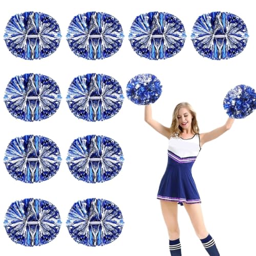 ANQKYO Cheerleader Pompons 6/12 Stück Cheerleading-Pompons, metallische Pompons mit Griff, Cheer-Bälle, Jubel-Squad-Spirit-Team, Sport-Tanz-Requisiten(Blue and Silver,12PCS) von ANQKYO