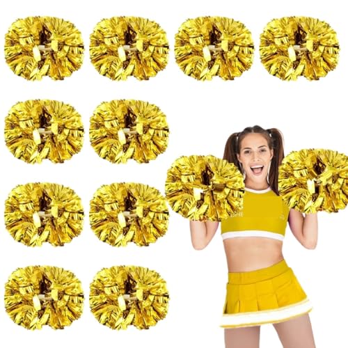 ANQKYO Cheerleader Pompons 6/12 Stück Cheerleading-Pompons, metallische Pompons mit Griff, Cheer-Bälle, Jubel-Squad-Spirit-Team, Sport-Tanz-Requisiten(Gold,6PCS) von ANQKYO