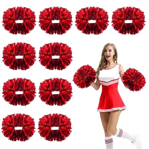 ANQKYO Cheerleader Pompons 6/12 Stück Cheerleading-Pompons, metallische Pompons mit Griff, Cheer-Bälle, Jubel-Squad-Spirit-Team, Sport-Tanz-Requisiten(Red,12PCS) von ANQKYO