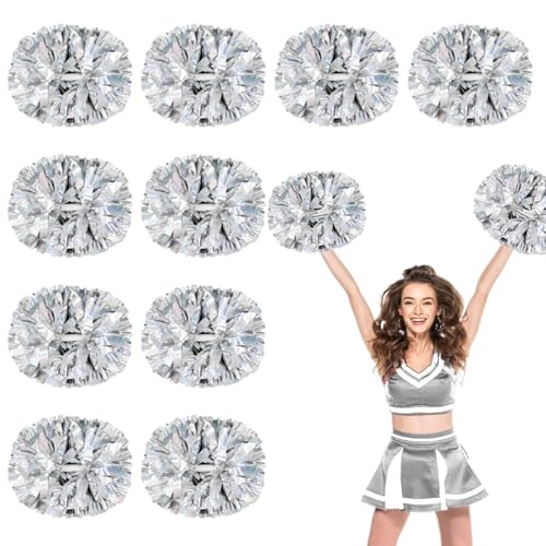 ANQKYO Cheerleader Pompons 6/12 Stück Cheerleading-Pompons, metallische Pompons mit Griff, Cheer-Bälle, Jubel-Squad-Spirit-Team, Sport-Tanz-Requisiten(Silver,12PCS) von ANQKYO