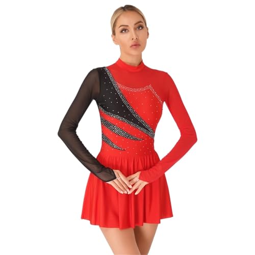 ANQKYO Eleganter Ballettanzug for Damen, bequemes Trikotkleid mit transparentem Netzstoff, Ballettkleider for Auftritte FüR Ballett(Red,S) von ANQKYO