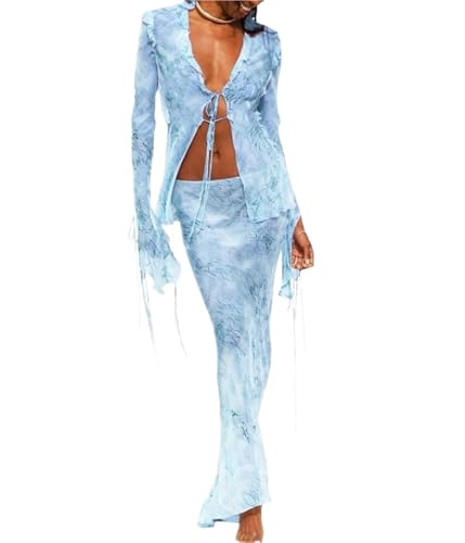 ANQKYO Strandkleid 2-teiliges Rock-Set for Damen, Strandkleid aus Netzstoff, Grunge-Krawatte, V-Ausschnitt, Strandkleider for den Sommer(Blue,M) von ANQKYO