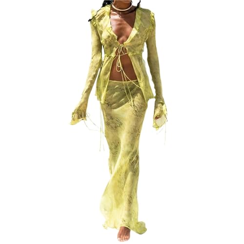 ANQKYO Strandkleid 2-teiliges Rock-Set for Damen, Strandkleid aus Netzstoff, Grunge-Krawatte, V-Ausschnitt, Strandkleider for den Sommer(Green,XL) von ANQKYO