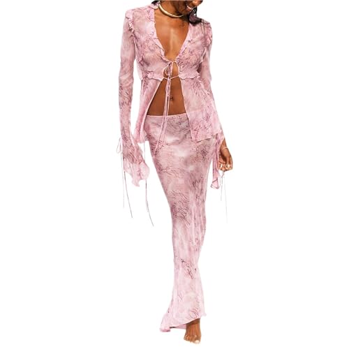 ANQKYO Strandkleid 2-teiliges Rock-Set for Damen, Strandkleid aus Netzstoff, Grunge-Krawatte, V-Ausschnitt, Strandkleider for den Sommer(Pink,L) von ANQKYO