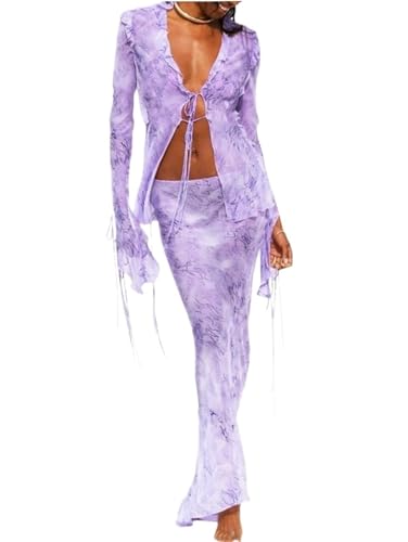 ANQKYO Strandkleid 2-teiliges Rock-Set for Damen, Strandkleid aus Netzstoff, Grunge-Krawatte, V-Ausschnitt, Strandkleider for den Sommer(Purple,S) von ANQKYO