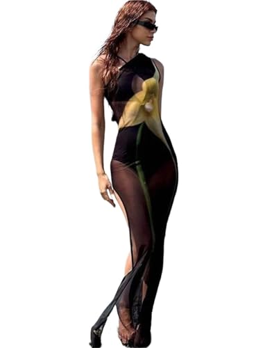 ANQKYO Strandkleid Sexy Strandkleid, ärmellos, One-Shoulder-Bikini, Wickelrock, durchsichtiger Netzstoff, Badeanzug-Überzug for den Strandurlaub(M) von ANQKYO