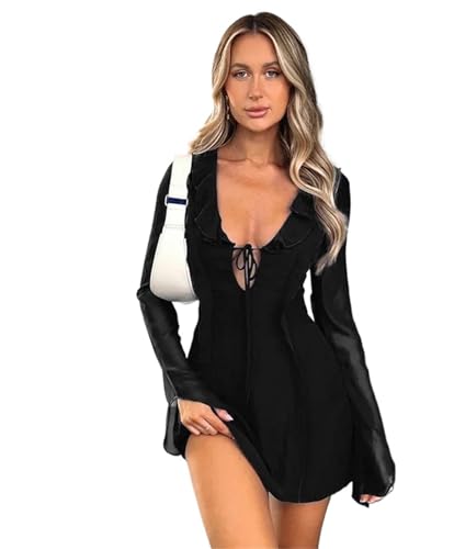 ANQKYO Strandkleid Sommer-Strandkleid aus Netzstoff, langärmelig, Verbandkleid mit V-Ausschnitt, sexy, figurbetonte Kleider for Party, Strand, Abend-Outfit(Black,M) von ANQKYO