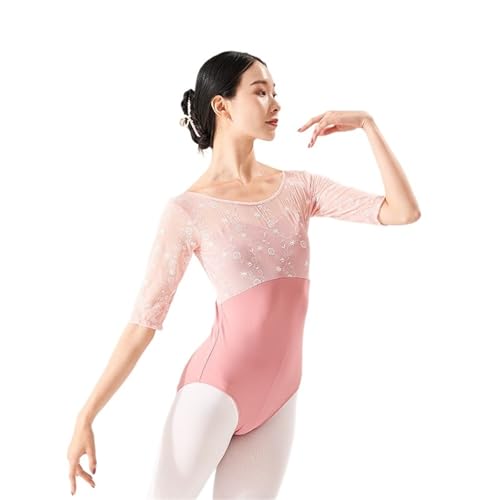Balletttrikots mit halben Ärmeln for Damen, Gymnastiktrikots mit Stickerei aus Netzstoff, eleganter Gymnastiktrainings-Bodysuit for den Tanz FüR Ballett(Pink,M) von ANQKYO