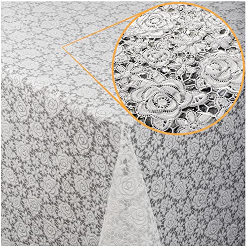 ANRO Tischdecke Lace Vinyl Wachstuch Häkel Spitze Optik Wasserfest Rosen Anthrazit Rosen Weiß 100x138cm von ANRO