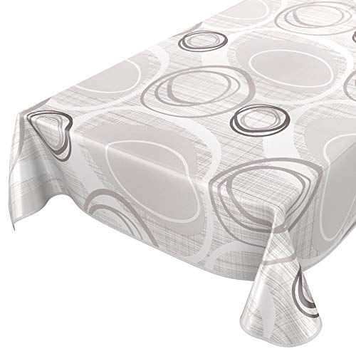 ANRO Tischdecke Wachstuch abwaschbar Wachstuchtischdecke Wachstischdecke Kreise Geometrie Weiß Silber 120x140cm mit Saum - Eingefasst von ANRO
