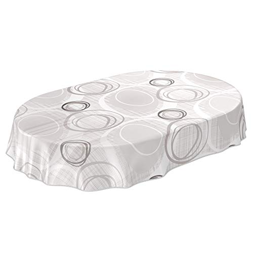 ANRO Tischdecke Wachstuch abwaschbar Wachstuchtischdecke Wachstischdecke Kreise Geometrie Weiß Silber Oval 280x140cm mit Saum - Eingefasst von ANRO