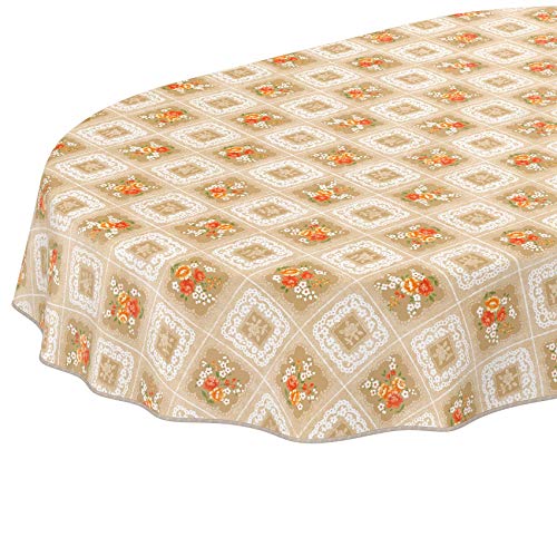 ANRO Tischdecke Wachstuch abwaschbar Wachstuchtischdecke Wachstischdecke Oma Style Gelb-Orange Oval 200x140cm mit Saum - Eingefasst von ANRO