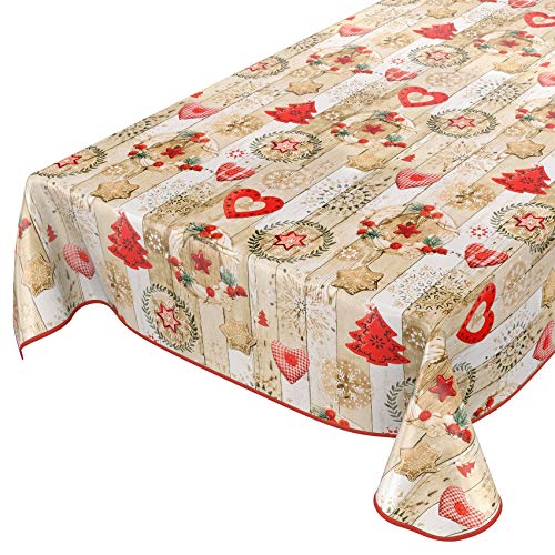 ANRO Tischdecke Weihnachtstischdecke abwaschbar Wachstischdecke Christmas Rot Beige 280x140cm mit Saum von ANRO